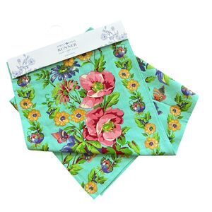 April Cornell Pennys Patio Table Runner Teal Pink Cotton 16x90 Butterfly Cottage